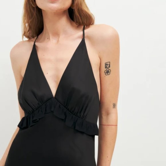 NWT Reformation Madrigal Satin Dress in Black Ruffle Maxi V-Neckline - Picture 6 of 6